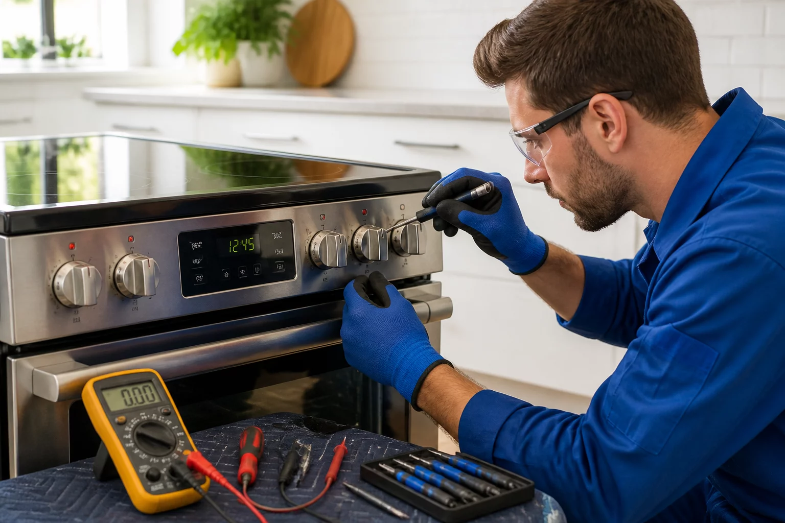 Service worker fixing a freestanding kitchen cooker