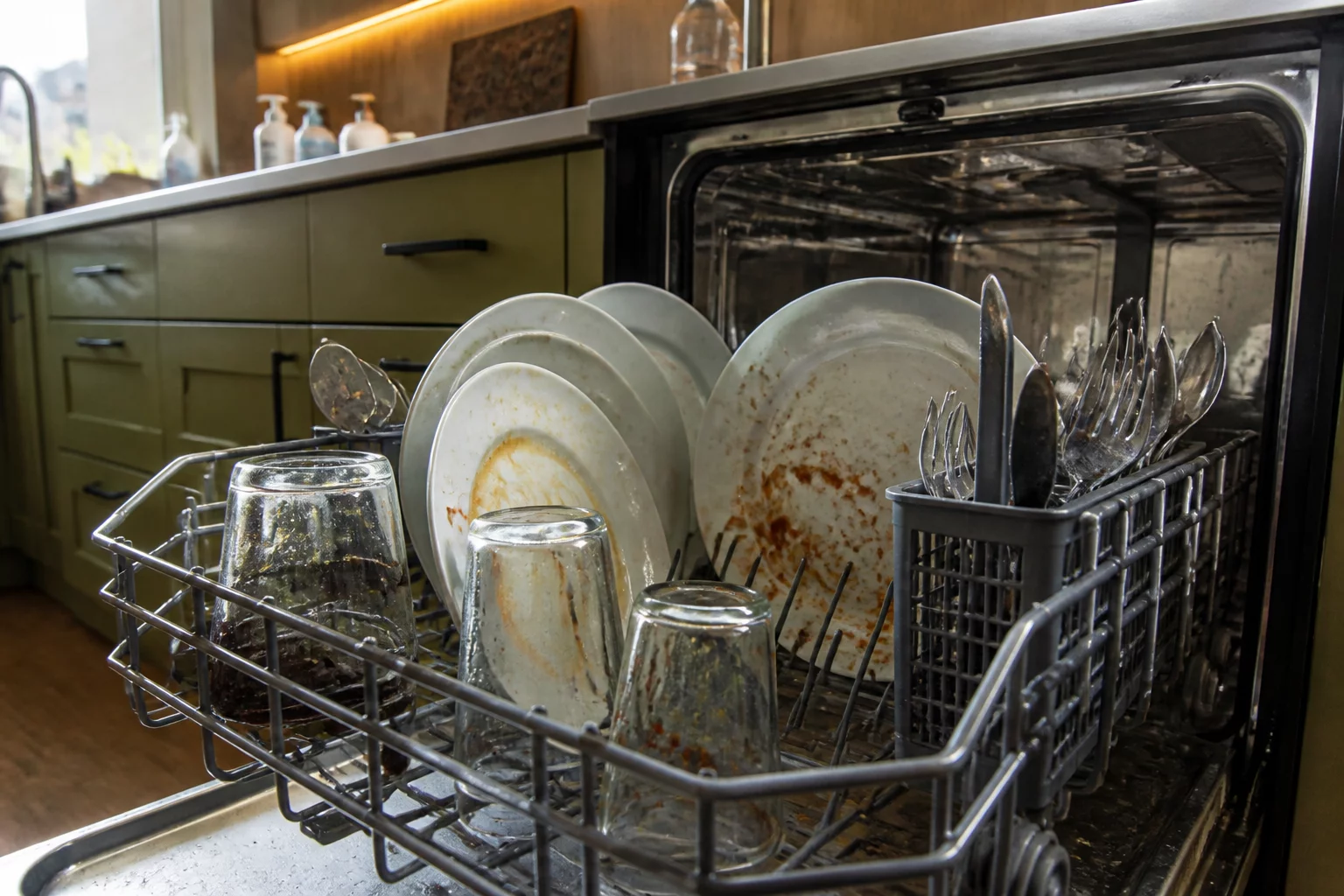 Dirty dishes remaining in a dishwasher after a cycle