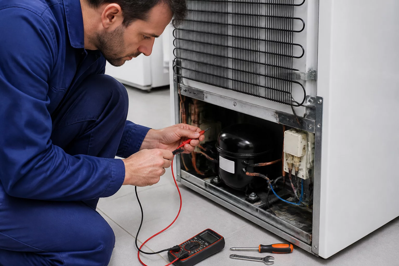 Fixing a chest freezer in a utility room.