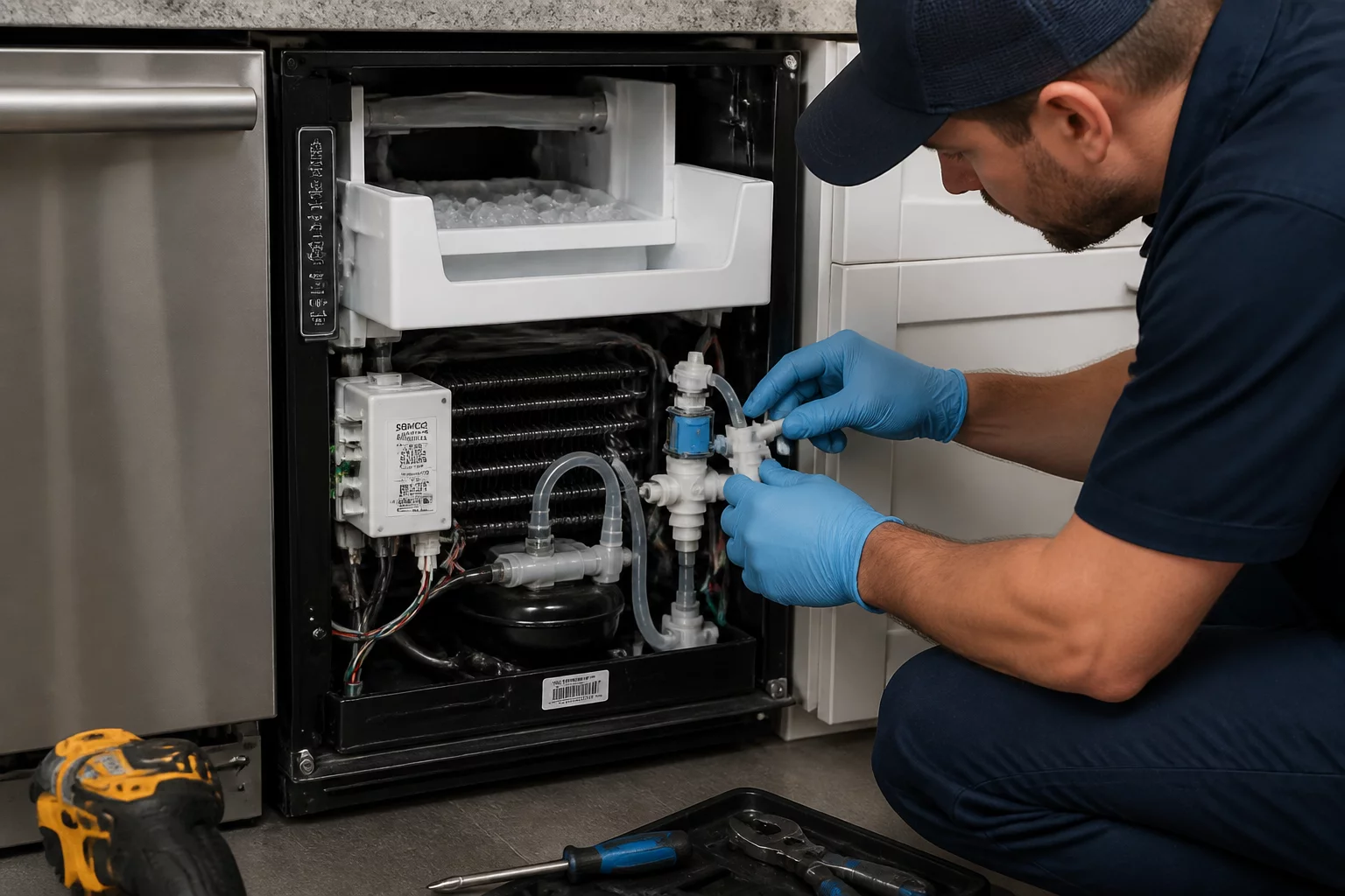 Repairing an under-counter ice maker machine