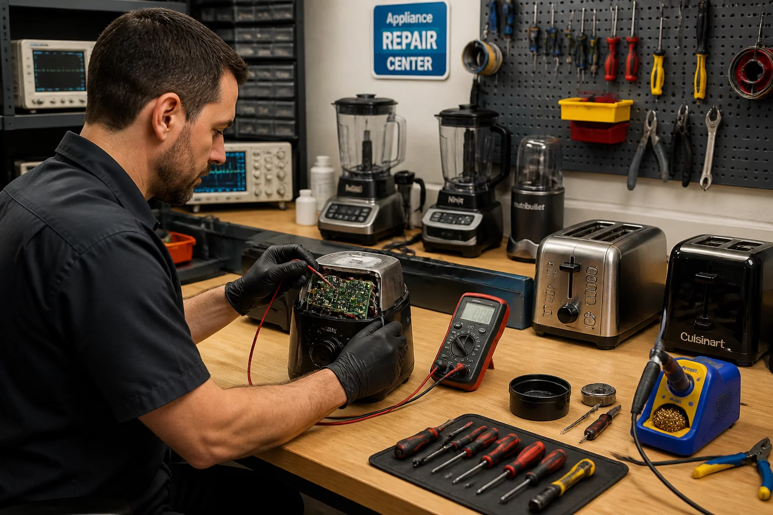 Kitchen appliance repair workbench with professional tools