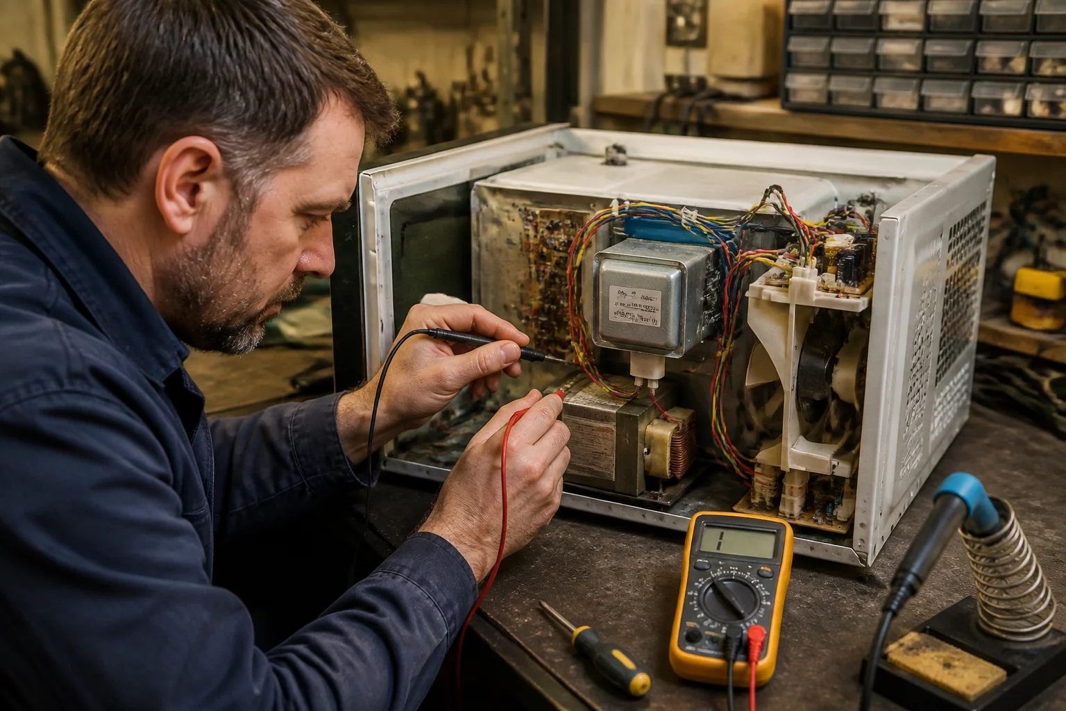 Technician opening the casing of a microwave oven for repair.