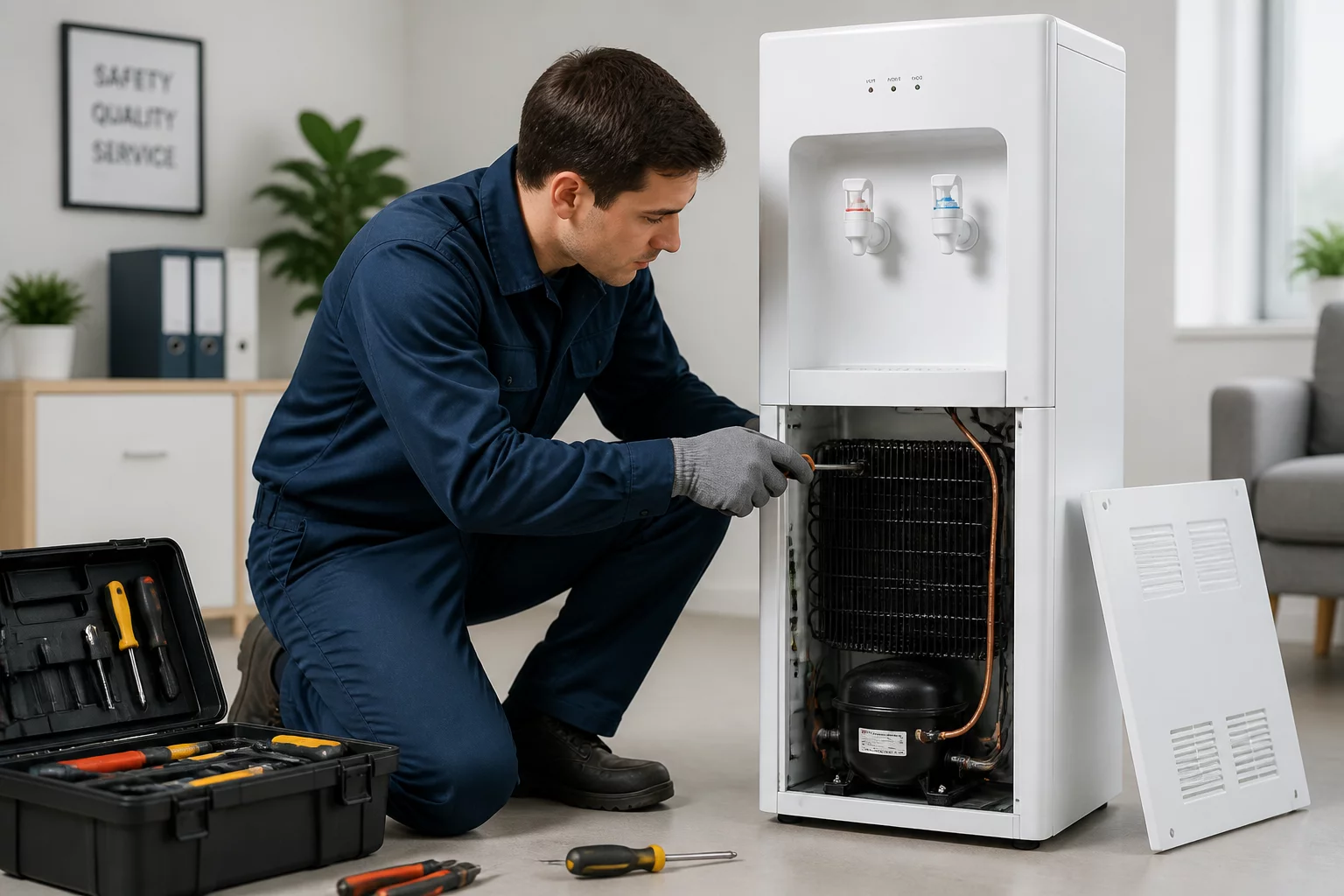 Fixing a floor-standing water dispenser.